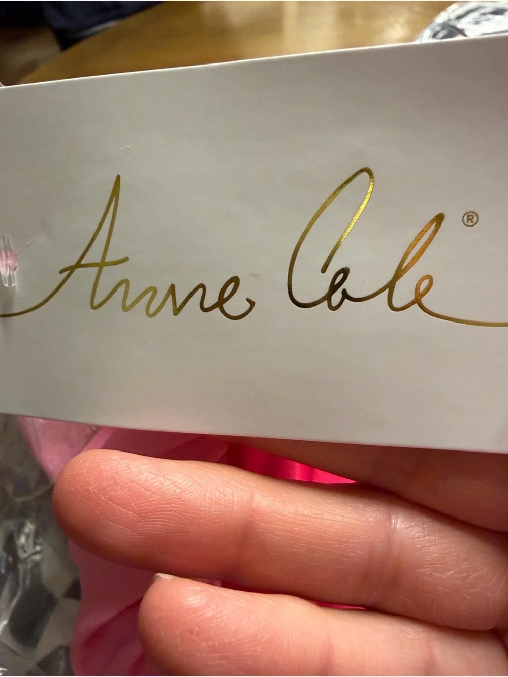 Anne Cole White Card with Gold Script and Pink Fabric Accent